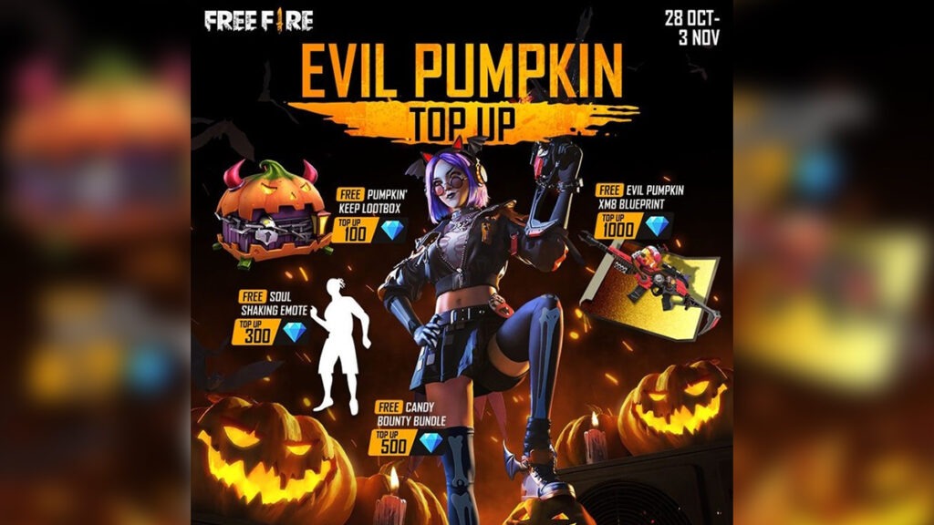 Free Fire Evil Pumpkin Top Up event featuring loot box, emote, & more